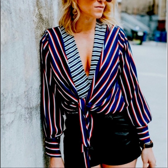 Zara Navy Pin Stripe Deep V Neck Bodysuit